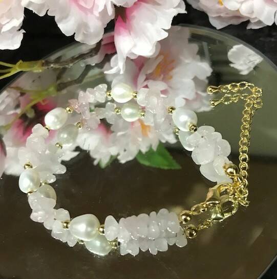 Rose Quartz with Pearl adjustable bracelet