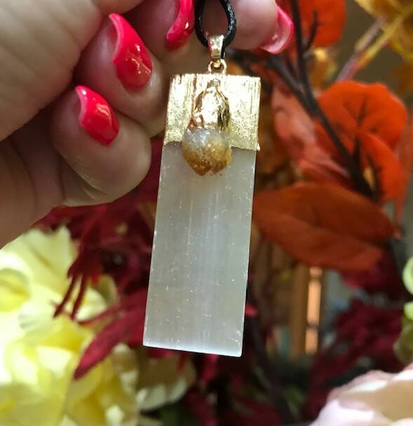 Selenite Pendant with small Citrine Point gold tone accent