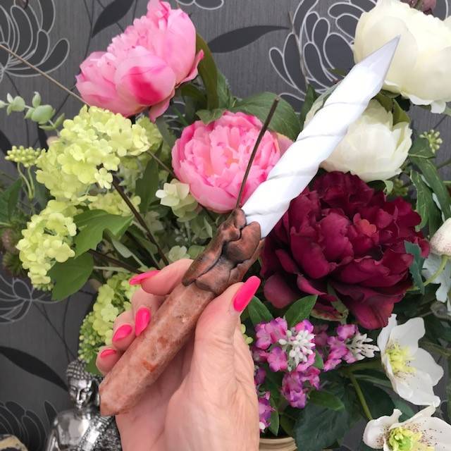 Crystal Athame/ Wand Spiralled polished Selenite with Sunstone hilt 