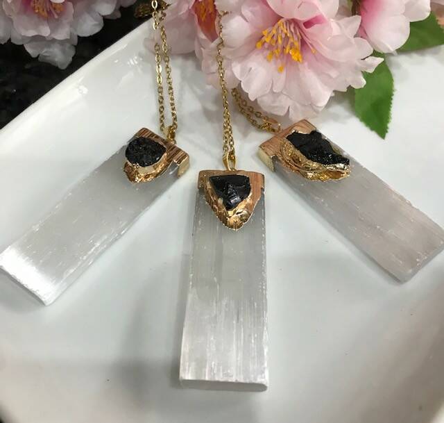 Selenite Pendant with Black Tourmaline gold tone accent
