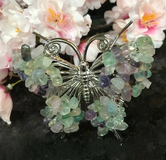 Fluorite Crystal Butterfly on silver stand
