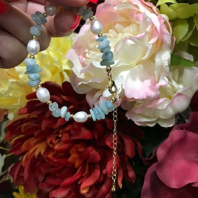Aquamarine with Pearl adjustable bracelet