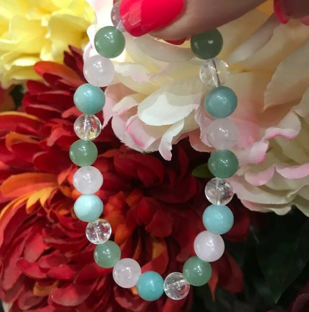 Green Aventurine, Clear/ Rose Quartz & Amazonite beaded stretch bracelet
