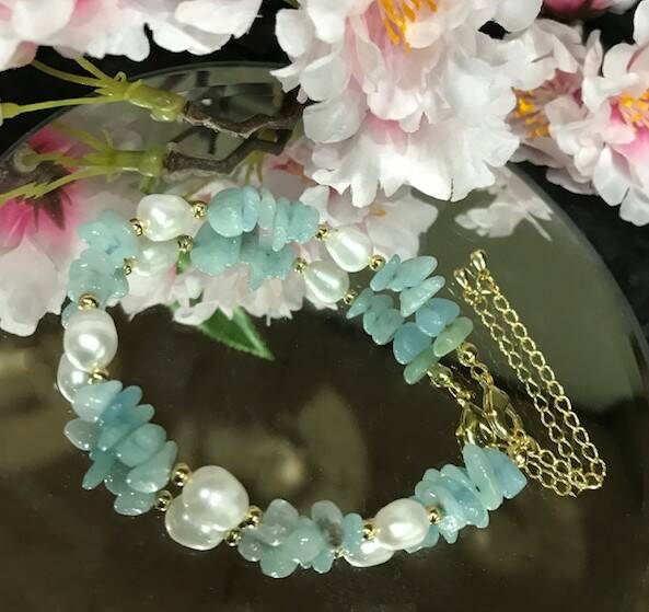Aquamarine with Pearl adjustable bracelet