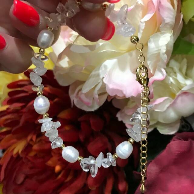 Clear Quartz with Pearl adjustable bracelet